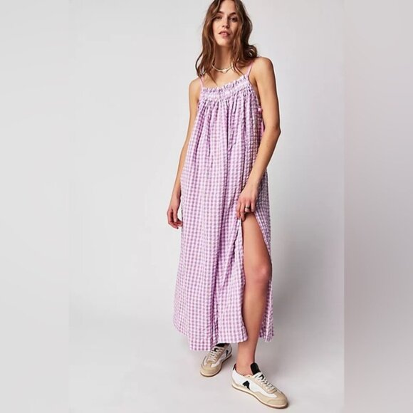 Free People Zinnia Maxi Dress In Violet Combo Size L purple Gingham - Picture 1 of 10